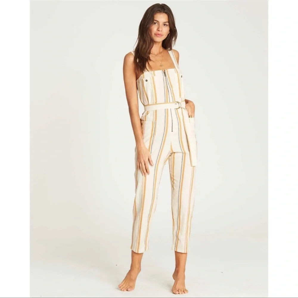 Billabong Striped Linen Jumpsuit in White and Tan - Picture 2 of 11